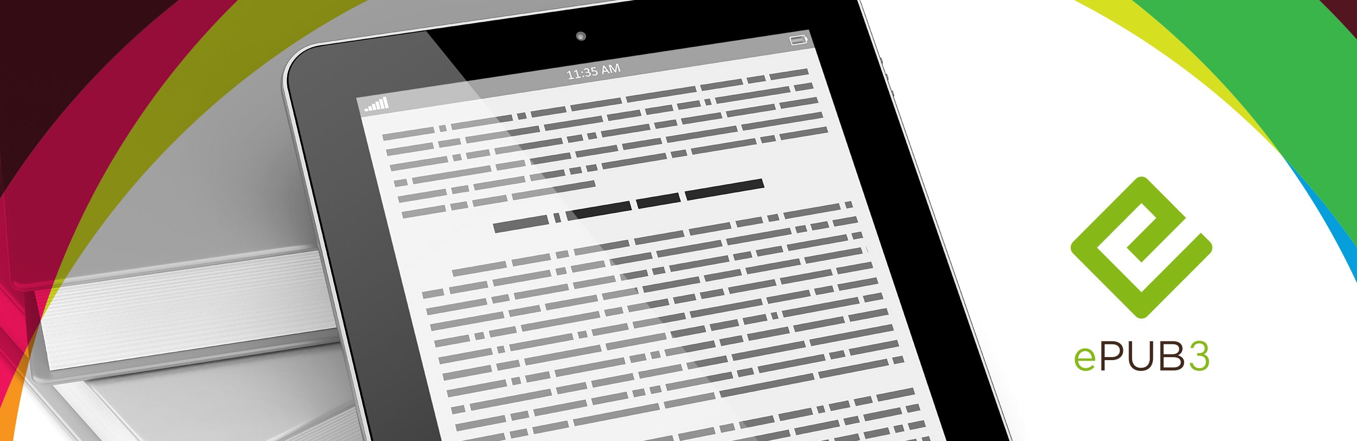 Fotomontagem com livros e ipad, círculo colorido do logo ED5, logo do EPub3.