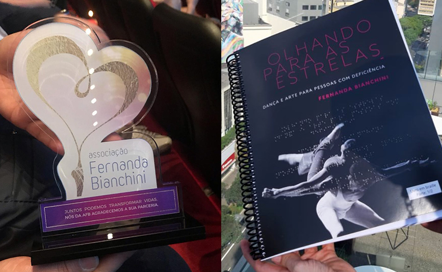Foto do troféu que a Maluhy & Co. ganhou da Associação Fernanda bianchini e foto do livro Olhando para as Estrelas